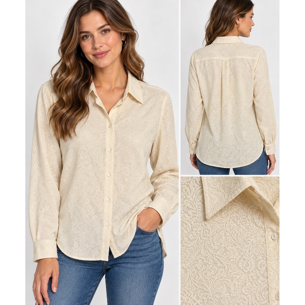 Rena Rowan 100% Silk Blouse Women's 12 Ivory Jacquard Paisley Button Down